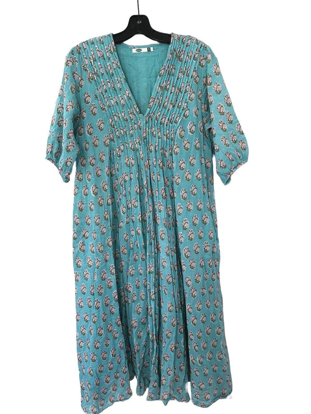 Dolma Teal V-Neck Pleatted Floral 100% Cotton 3/4 Sleeve Maxi Dress - M